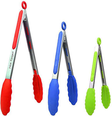 Set of 3 Multi-Color, Heavy Duty, Stainless Steel Silicone BBQ and Kitchen Tongs