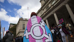 Stock photo showing L.G.B.T. activists and their supporters rally in support of transgender people on the steps of New York City Hall, October 24, 2018 in New York City. The Florida House could approve three bills restricting trans rights on Wednesday.