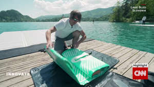 This self-inflating paddleboard provides its own power