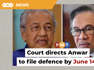 Dr Mahathir Mohamad says Anwar Ibrahim’s statements were ‘devastating’ as they were made in his capacity as prime minister.Read More: https://www.freemalaysiatoday.com/category/nation/2023/05/31/anwar-ordered-to-file-defence-in-dr-ms-rm150mil-suit/Laporan Lanjut: https://www.freemalaysiatoday.com/category/bahasa/tempatan/2023/05/31/anwar-diarah-fail-pembelaan-dalam-saman-rm150-juta-dr-m/Free Malaysia Today is an independent, bi-lingual news portal with a focus on Malaysian current affairs. Subscribe to our channel - http://bit.ly/2Qo08ry ------------------------------------------------------------------------------------------------------------------------------------------------------Check us out at https://www.freemalaysiatoday.comFollow FMT on Facebook: http://bit.ly/2Rn6xEVFollow FMT on Dailymotion: https://bit.ly/2WGITHMFollow FMT on Twitter: http://bit.ly/2OCwH8a Follow FMT on Instagram: https://bit.ly/2OKJbc6Follow FMT on TikTok : https://bit.ly/3cpbWKKFollow FMT Telegram - https://bit.ly/2VUfOrvFollow FMT LinkedIn - https://bit.ly/3B1e8lNFollow FMT Lifestyle on Instagram: https://bit.ly/39dBDbe------------------------------------------------------------------------------------------------------------------------------------------------------Download FMT News App:Google Play – http://bit.ly/2YSuV46App Store – https://apple.co/2HNH7gZHuawei AppGallery - https://bit.ly/2D2OpNP#FMTNews #AnwarIbrahim #DrMahathirMohamad #DefamationLawsuit