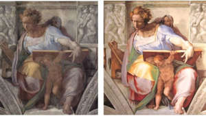 A before-and-after display of one of Michelangelo's frescoes in the Sistine Chapel. | Michelangelo, Wikimedia Commons // Public Domain in the United States