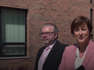 Former BBC newsreader Donna Traynor and its Northern Ireland director Adam Smyth leave the Office of the Industrial Tribunals, Killymeal House, Belfast, after a discrimination case was resolved.