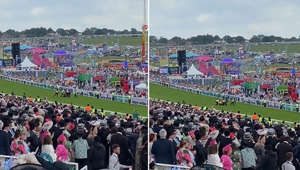 Watch: Epsom Derby Festival protester swarmed by guards and dragged off racecourse after running...