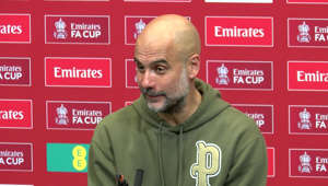 Manchester City boss Pep Guardiola reacts to their 2-1 over FA Cup win over city rivals Manchester United which completes the league and cup double as they chase UEFA Champions League glory to secure the treble next week