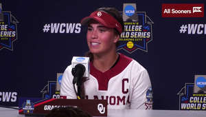 Oklahoma Sooners softball coach Patty Gasso, second baseman Tiare Jennings, shortstop Grace Lyons and pitcher Jordy Bahl meet the press after OU's 4-2 victory over Stanford in the WCWS.