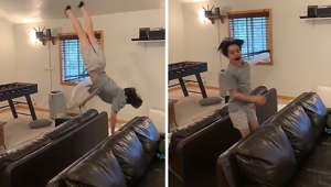 Kid performs epic gymnastic moves at home