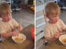 Funny little boy is determined to eat noodles with chopsticks