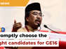 Umno vice-president Johari Ghani has called on the party to choose the most suitable candidates for the next general election.Read More:https://www.freemalaysiatoday.com/category/nation/2023/06/10/pick-the-right-candidates-for-ge16-quickly-johari-tells-umno/Laporan Lanjut:https://www.freemalaysiatoday.com/category/bahasa/tempatan/2023/06/10/ingin-menang-pilihan-raya-bertindak-sekarang-juga-tegas-jo-ghani/Free Malaysia Today is an independent, bi-lingual news portal with a focus on Malaysian current affairs. Subscribe to our channel - http://bit.ly/2Qo08ry ------------------------------------------------------------------------------------------------------------------------------------------------------Check us out at https://www.freemalaysiatoday.comFollow FMT on Facebook: http://bit.ly/2Rn6xEVFollow FMT on Dailymotion: https://bit.ly/2WGITHMFollow FMT on Twitter: http://bit.ly/2OCwH8a Follow FMT on Instagram: https://bit.ly/2OKJbc6Follow FMT on TikTok : https://bit.ly/3cpbWKKFollow FMT Telegram - https://bit.ly/2VUfOrvFollow FMT LinkedIn - https://bit.ly/3B1e8lNFollow FMT Lifestyle on Instagram: https://bit.ly/39dBDbe------------------------------------------------------------------------------------------------------------------------------------------------------Download FMT News App:Google Play – http://bit.ly/2YSuV46App Store – https://apple.co/2HNH7gZHuawei AppGallery - https://bit.ly/2D2OpNP#FMTNews #JohariGhani #Umno #GE16