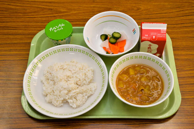 Folie 3 von 20: School lunch which is made of all domestic food, for junior high school students in Kawasaki Japan. Curry, wheat rice, pickled cucumber and carrots and radish, yogurt, milk.