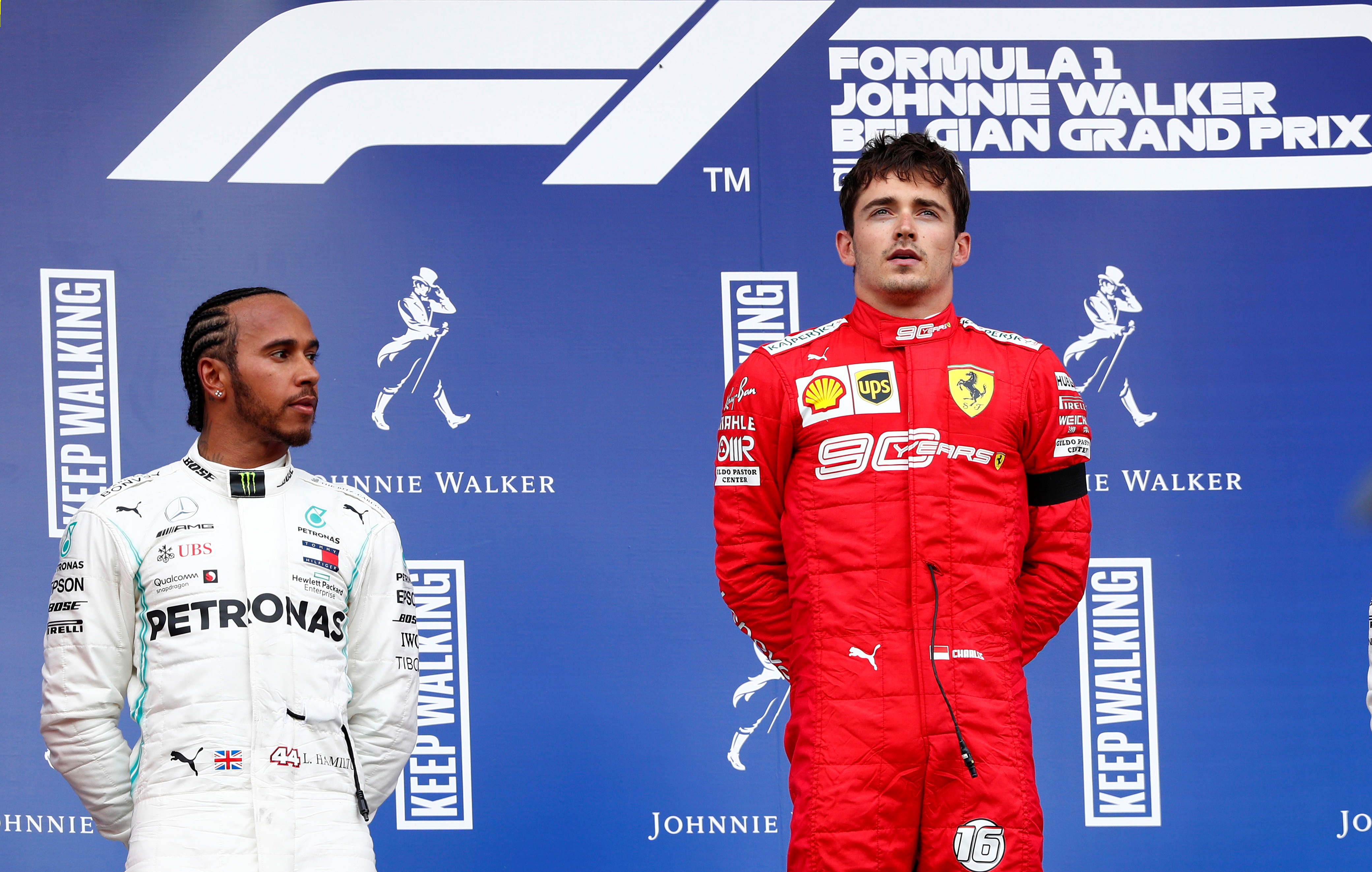 Formula One F1 - Belgian Grand Prix - Spa-Francorchamps, Stavelot, Belgium - September 1, 2019  Ferrari's Charles Leclerc celebrates on the podium after winning the race alongside second placed Mercedes' Lewis Hamilton  REUTERS/Francois Lenoir