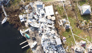 An aerial view of damaged boats in Hurricane Dorian devastated Elbow Key Island Island on September 7, 2019 at Elbow Key Island, Bahamas. The official death toll has risen to 43 and, according to officials, is expected to increase further.