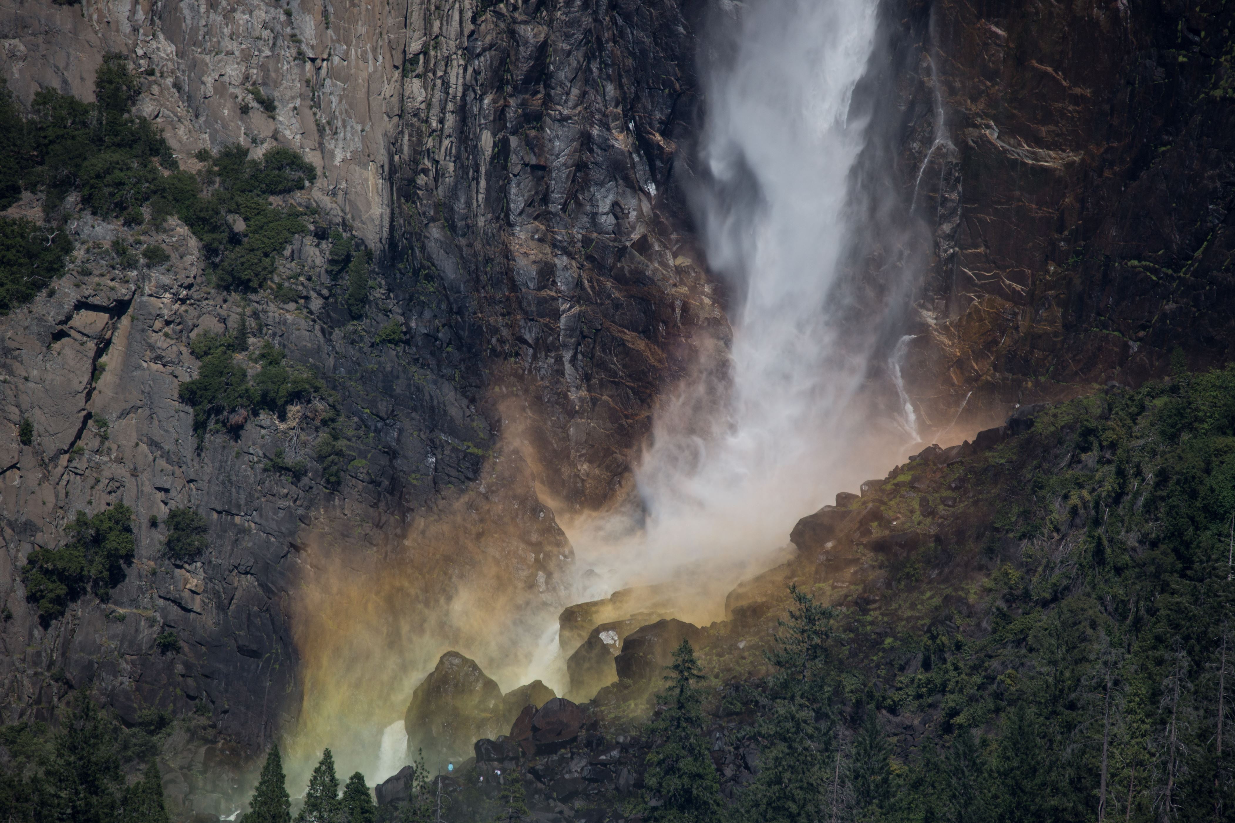 YOSEMITE VALLEY, CA - JULY 01:  The iconic Bridalveil Fall is viewed from Tunnel View flowing at record levels on July 1, 2019, in Yosemite Valley, California. With record winter and spring snowfall covering much of California's Sierra Nevada Mountain range, the water runoff into Yosemite Valley and the Merced River has been heavy, or at flood stage, creating spectacular waterfalls. (Photo by George Rose/Getty Images)