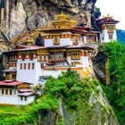 a house with Paro Taktsang in the background: Taktshang Goemba(Tiger's Nest Monastery), Monastery, Bhutan, in a mountain cliff.