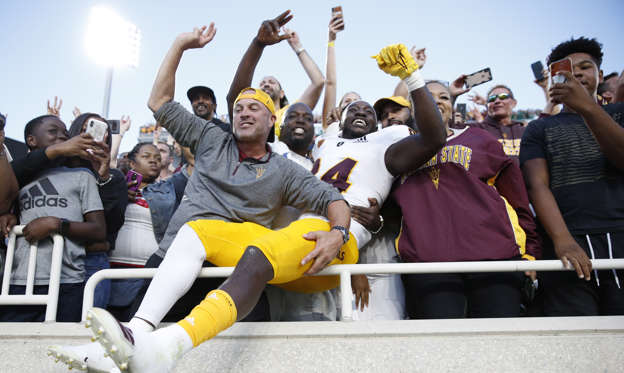 EAST LANSING, MI - SEPTEMBER 14: Frank Darby, No. 84 Arizona State, Sun Devils, celebrates after the game against the Michigan State Spartans at Spartan Stadium on September 14, 2019 in East Lansing, Michigan. The Arizona State beat the Michigan State 10-7. (Photo by Joe Robbins / Getty Images)