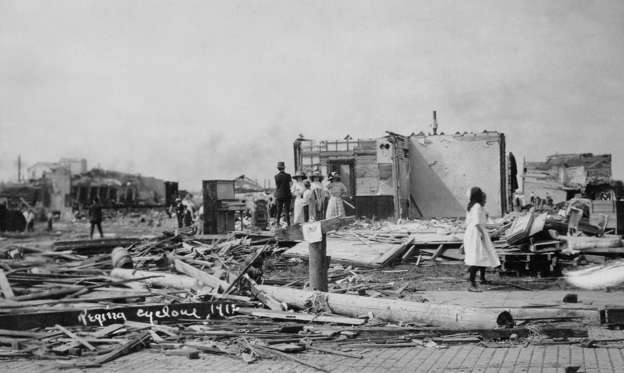 Slide 2 of 33: Three minutes of lethal 206-259-mile-per-hour (331-417km/h) winds left the province of Saskatchewan with a 40-year-long repair bill, when the so-called “Regina Cyclone” tore into the city of Regina on 30 June 1912. The severe storm was, in fact, an F4-rated tornado and it ripped through six blocks of downtown Regina, destroying 500 buildings and leaving a quarter of the city’s population homeless in its wake. Twenty-eight people were killed in what is thought to have been one of the country’s deadliest storms.