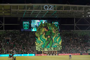 Sept. 26, 2021: A tifo with the image of Tejano singer Selena reads "Somos del equipo de la 512" [We are from the team from the 512 (area code)] before the game between LA Galaxy and Austin FC at Q2 Stadium. Austin FC won the game, 2-0.
