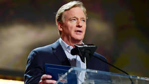 Apr 28, 2022; Las Vegas, NV, USA; NFL commissioner Roger Goodell announces Northern Iowa offensive tackle Trevor Penning as the nineteenth overall pick to the New Orleans Saints during the first round of the 2022 NFL Draft at the NFL Draft Theater.