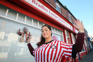 Gemma Lowery in Sunderland top outside the charity's hq
