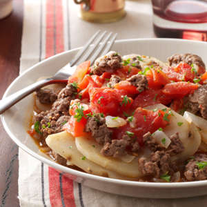 This hamburger casserole recipe is such a hit it's traveled all over the country! My mother originated the recipe in Pennsylvania, I brought it to Texas when I married, I'm still making it in California, and my daughter treats her friends to this oldie in Colorado. It's hearty, yet simple to prepare. —Helen Carmichall, Santee, California Go To Recipe