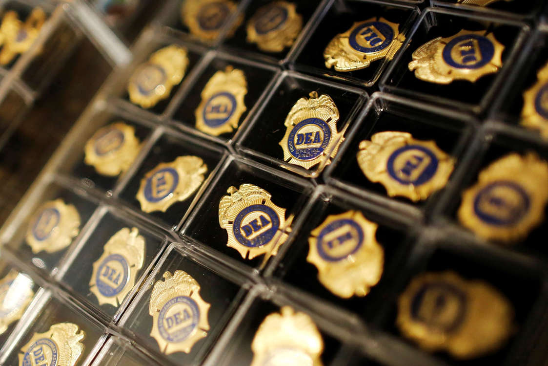 Miniature DEA badges are displayed for sale in the gift shop at the U.S. Drug Enforcement Administration (DEA) Museum in Arlington, Virginia.