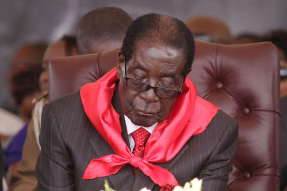 President Robert Mugabe is seen during celebrations to mark his 91st birthday in the resort town of Victoria Falls, Zimbabwe, Saturday Feb, 28, 2015. Mugabe turned 91 on the 21st of February and become the world's oldest leader, with his supporters saying they will back him to run his full term until 2018 - despite questions about his health and an economy that is crumbling under his watch.