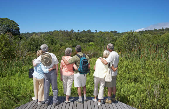 Three senior couples looking at view in gardens.