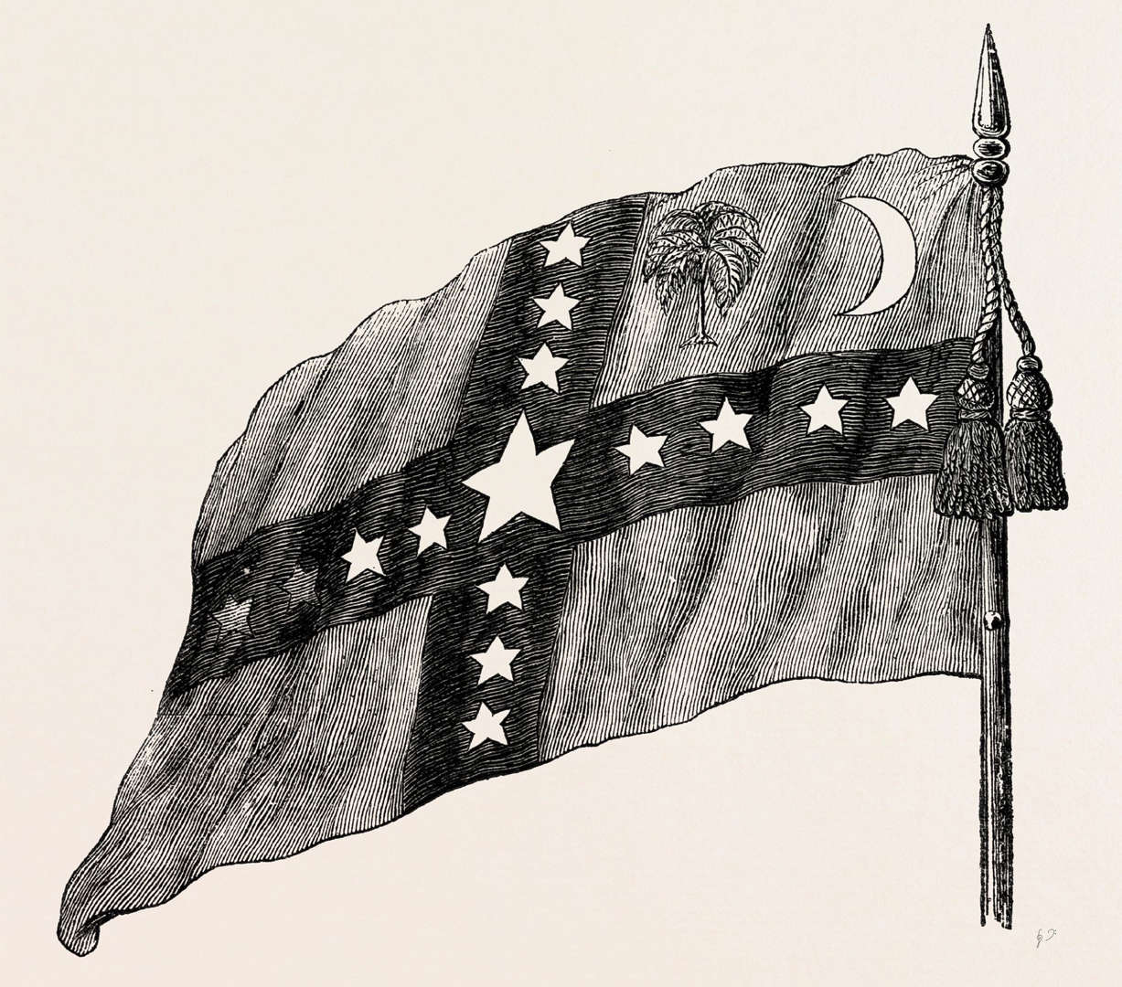 Circa 1970s engraving of the post-Civil War South Carolina state flag, showing the influence of the Confederate battle flag.