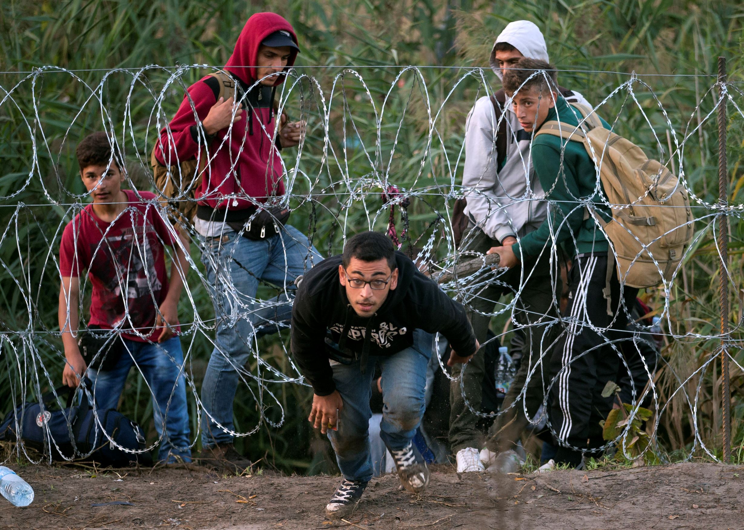 A Syrian refugee runs after entering Hungary from Serbia through a barbed wire fence, on the border near Roszke, Friday, Aug. 28, 2015. Hungary deployed police reinforcements to rein in an unrelenting flow of migrants across its porous border Thursday, but refugee activists said the effort appeared futile in a nation whose migrant camps are overloaded and barely delay their journeys west into the heart of the European Union. (AP Photo/Darko Bandic)