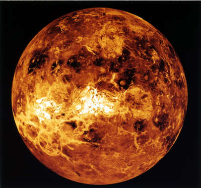 Venus, The dark areas scattered across the Venusian plains consist of extremely smooth deposits associated with large meteorite impacts. The bright feature near the center of the image is Ovda Regio, a Aphrodite equatorial Highland.