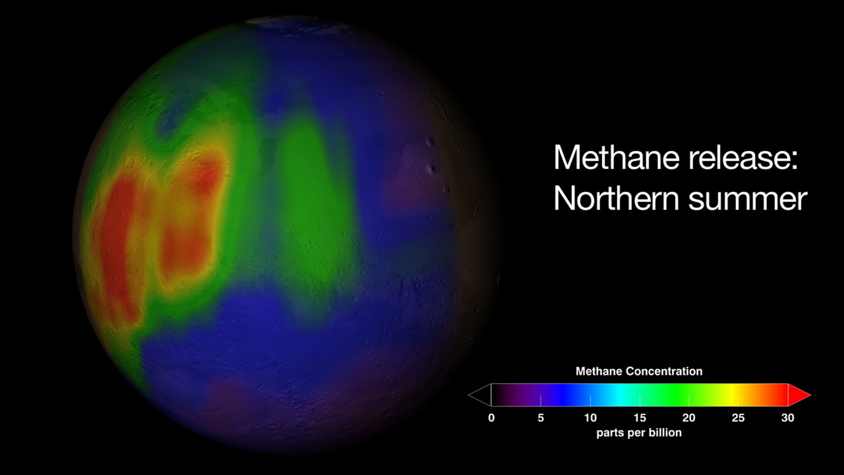 This undated handout visualization provided by NASA shows a methane plume found in Mars’ atmosphere during the northern summer season. A surprising and mysterious belch of methane gas on Mars hints at possible microbial life underground, but also could come from changes in rocks, a new NASA study found. (AP Photo/NASA, Trent Schindler
