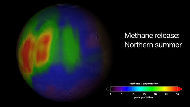 This undated handout visualization provided by NASA shows a methane plume found in Mars’ atmosphere during the northern summer season. A surprising and mysterious belch of methane gas on Mars hints at possible microbial life underground, but also could come from changes in rocks, a new NASA study found. (AP Photo/NASA, Trent Schindler
