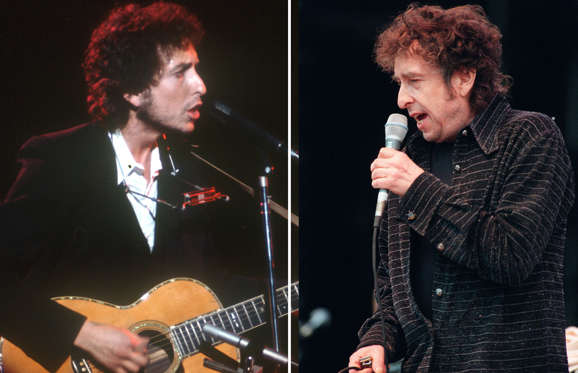 1974: Bob Dylan plays a Gibson acoustic guitar on stage in 1974. (Photo by Michael Ochs Archives/Getty Images)
Bob Dylan Pop Singer performs during the Masters of Music pop festival at Hyde Park
