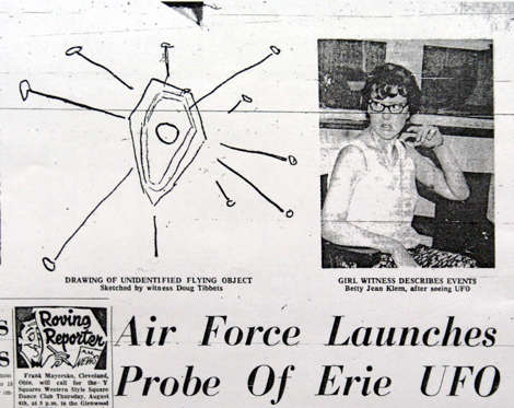 An image from microfilm of the August 1, 1966 Erie Morning News story reporting on a UFO sighting at Presque Isle State Park the night before is shown in Erie, Pa. Countless people searched the skies that summer as reports of UFO sightings continued to spread from points across the country. (AP Photo/Erie Times-News)