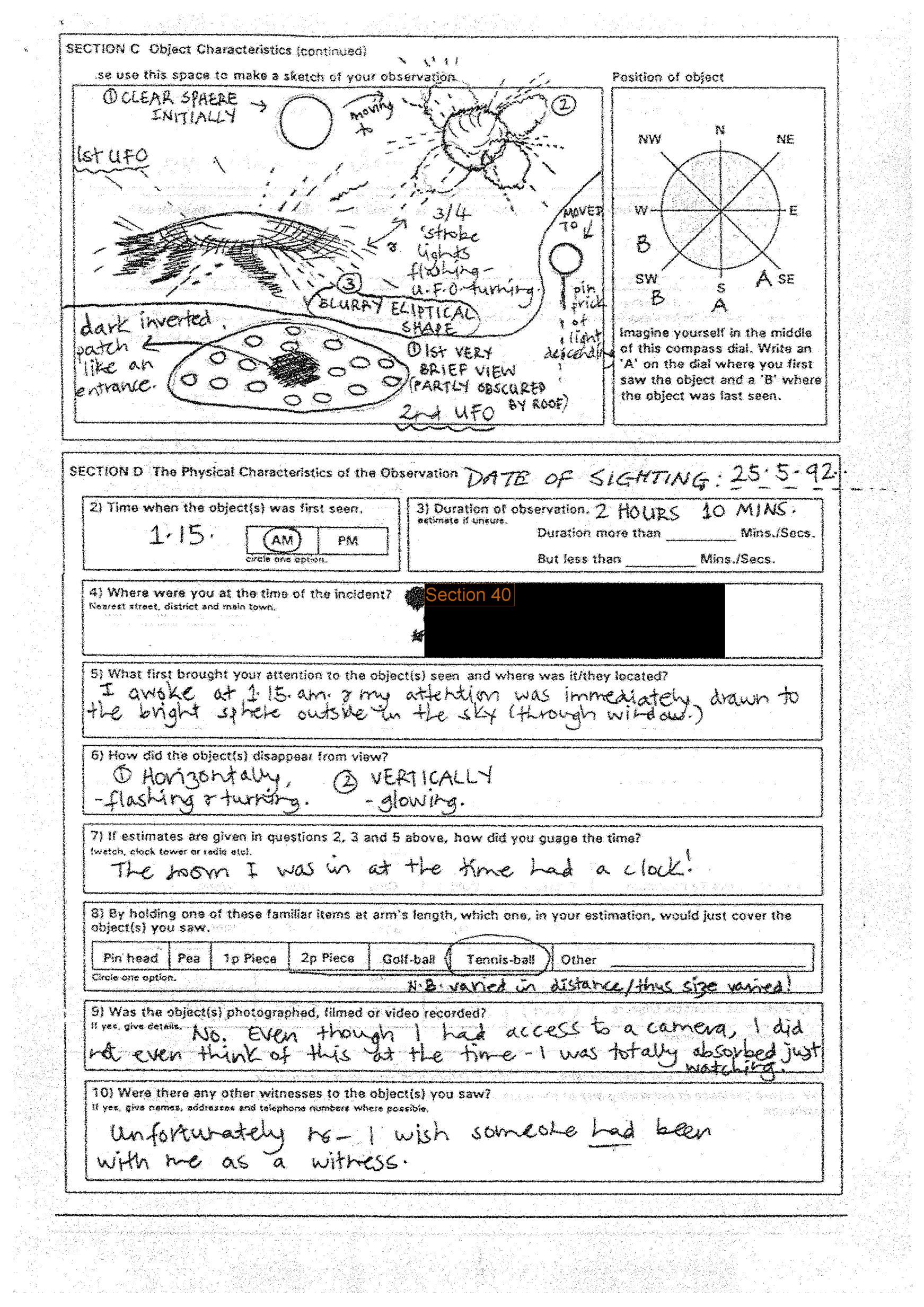 This May 25, 1992 document made available by the British National Archives shows a UFO sighting report. Britain's military has closed a hotline that took reports of unidentified flying objects, or UFOs, after determining that the money is better spent in Afghanistan. The Ministry of Defense says that the phone service and an associated e-mail address were taken offline earlier this week, and said Friday, Dec. 4, 2009 that 50 years of UFO sightings had not revealed any evidence of alien life or threats to the U.K. (AP Photo/British National Archives)