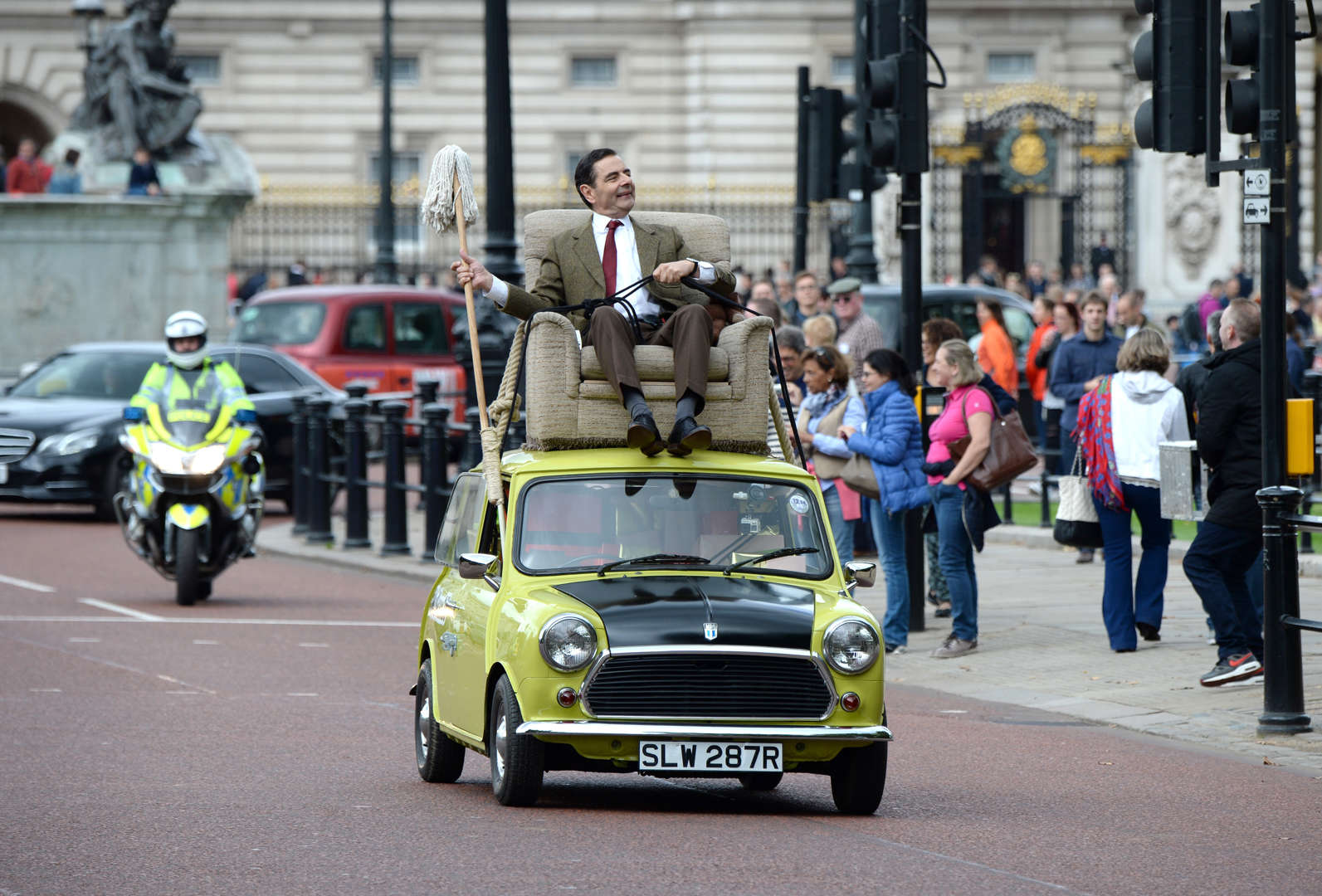 Rowan Atkinson as Mr Bean at Buckingham Palace to launch the new Mr Bean DVD and to celebrate the 25th Anniversary of the character's creation.
