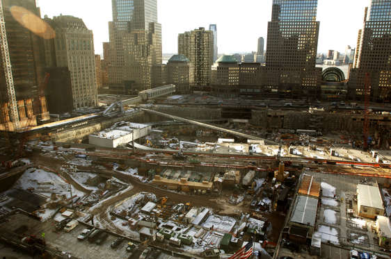 The scene from an elevated position above 'ground zero', the site where the World Trade Centre twin towers stood, before being destroyed when terrorists crashed planes into them on Setember 11, 2001.