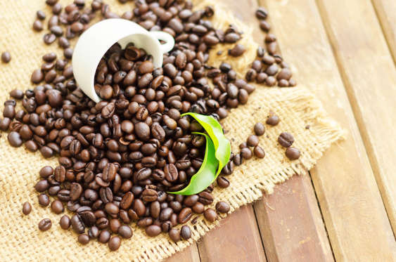 coffee beans with white cup and green leaves.