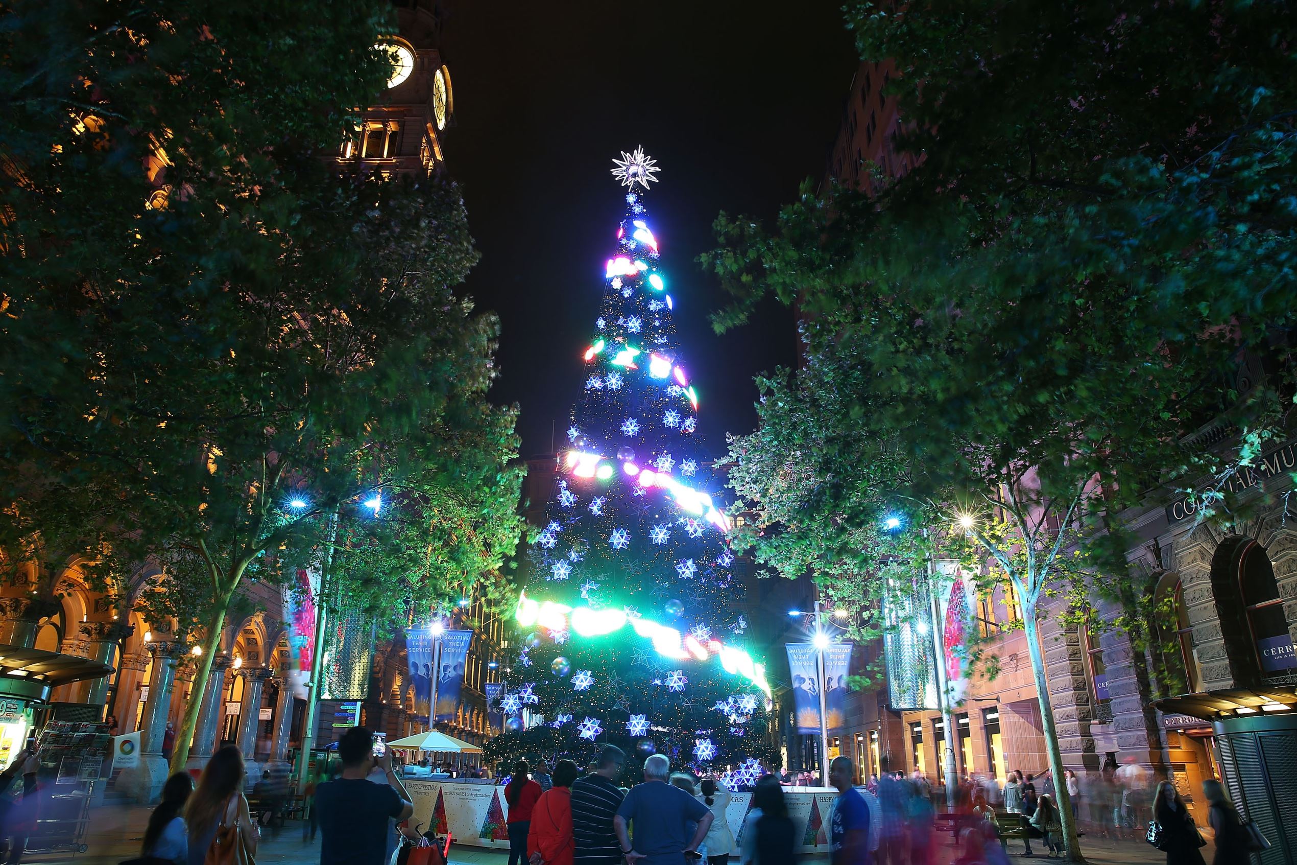 SYDNEY, AUSTRALIA - DECEMBER 19: A giant Christmas Tree in Martin Place is illuminated as part of a Christmas lights display in celebration of Christmas on December 19, 2014 in Sydney, Australia. (Photo by Brendon Thorne/Getty Images)