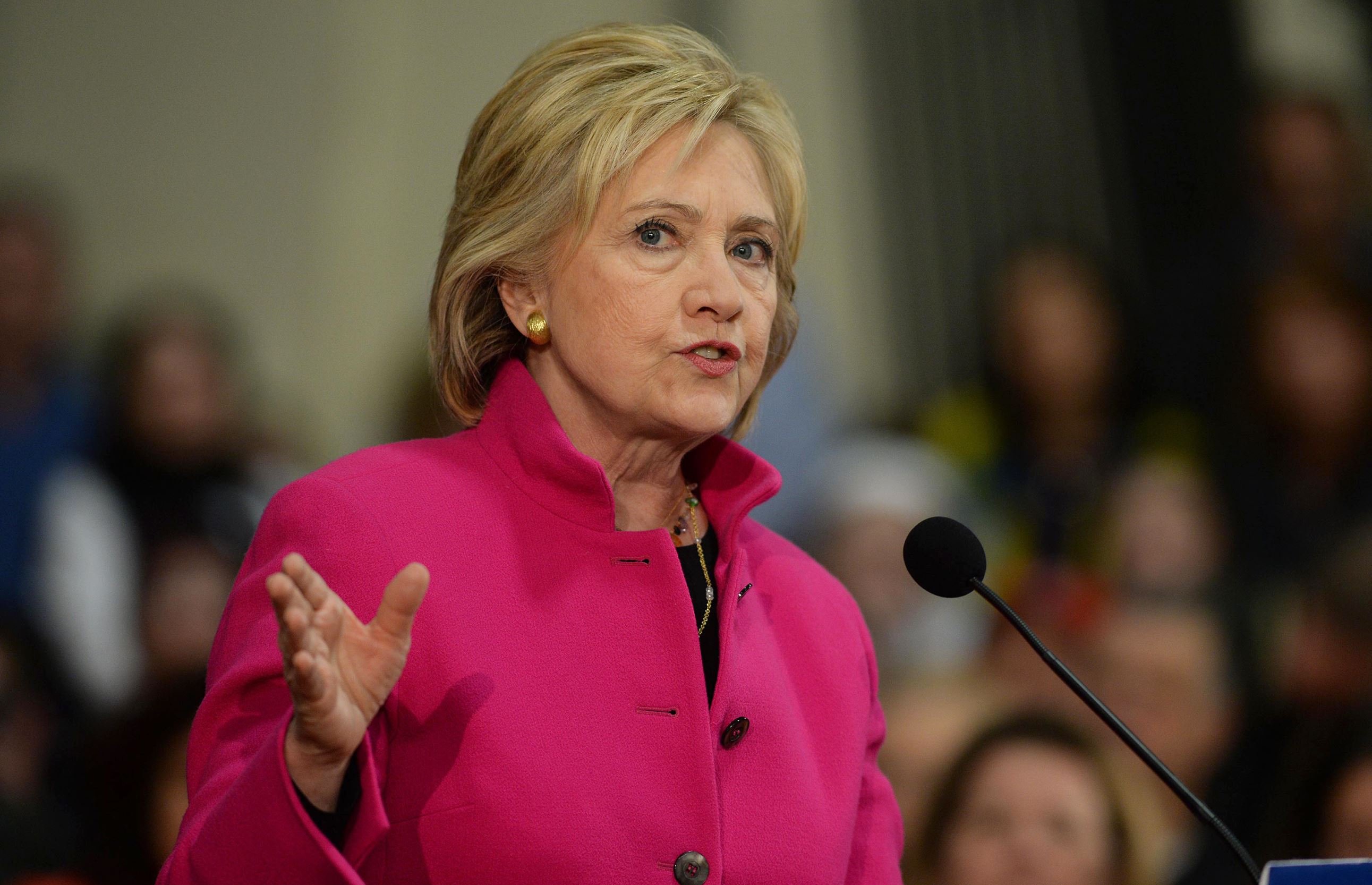 Democratic president candidate Hillary Clinton speaks at a town hall event at Woodbury School on Dec. 8, 2015 in Salem, N.H.