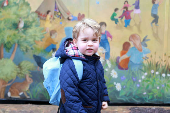 In this handout photograph provided by Kensington Palace on Wednesday, Jan. 6, 2016, taken by Kate, The Duchess of Cambridge, Britain's Prince George poses on his first day at the Westacre Montessori nursery school near Sandringham in Norfolk, England. (The Duchess of Cambridge/Kensington Palace via AP)