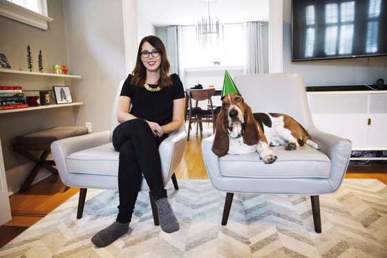 Instagram star Dean the Basset Hound photoshoot, Toronto, Canada - 28 Feb 2016 Carly Bright poses for a photo with her dog Dean at their Toronto home