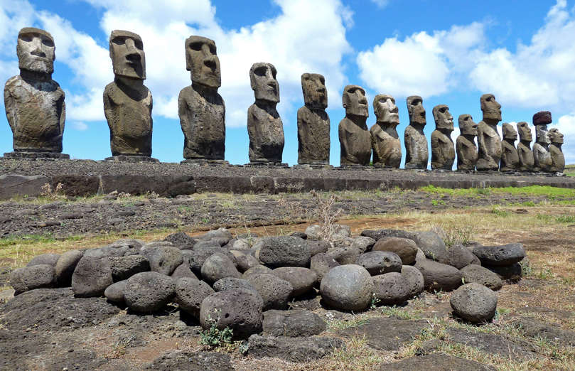 Fifteen Moai statues on Easter Island.