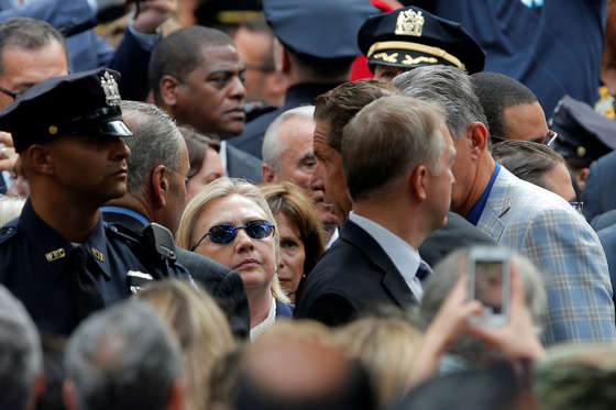 Democratic presidential candidate Hillary Clinton attends ceremonies to mark the 15th anniversary of the September 11 attacks.