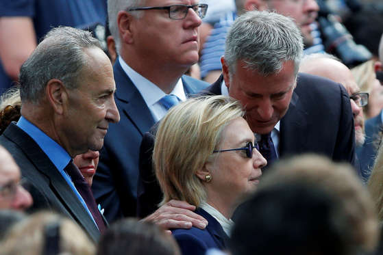 Democratic presidential candidate Hillary Clinton, New York Mayor Bill de Blasio and Senator Chuck Schumer attend ceremonies.