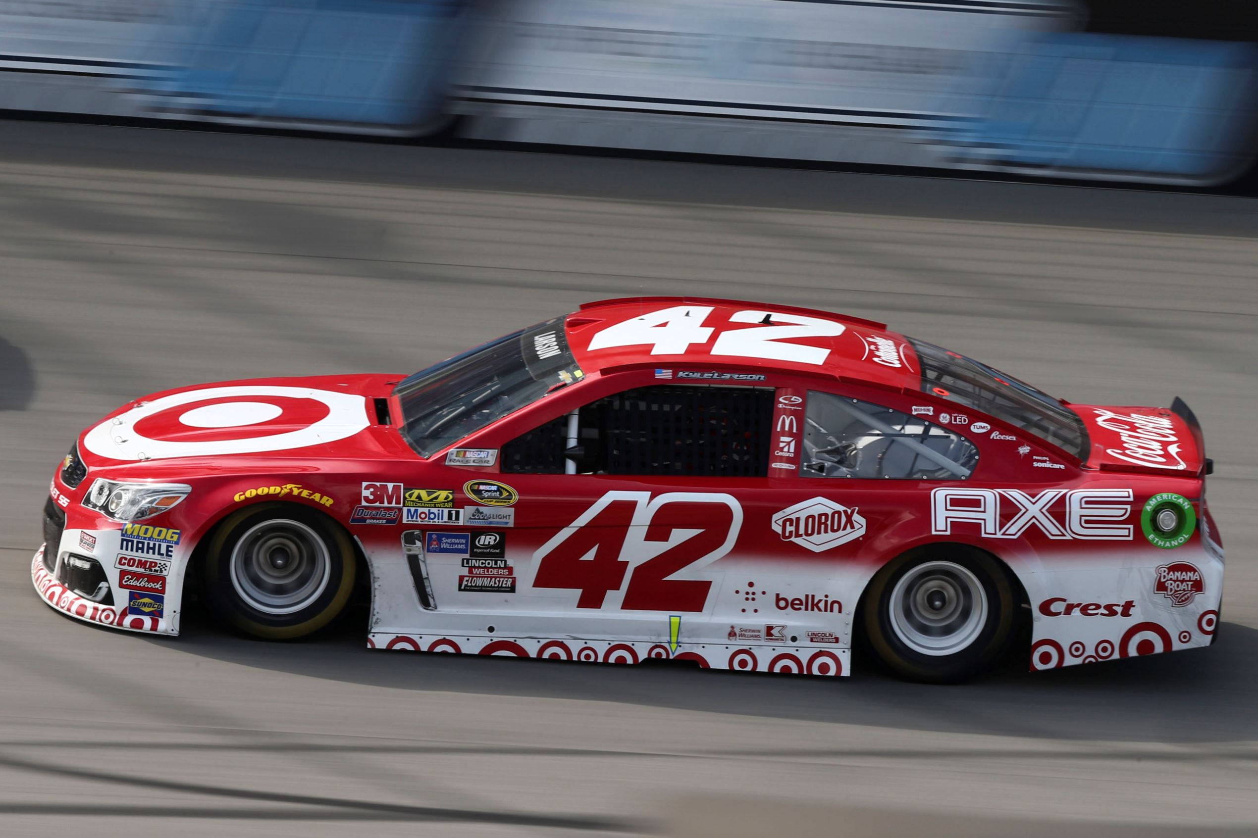 Aug 28, 2016; Brooklyn, MI, USA; Sprint Cup Series driver Kyle Larson (42) races during the Pure Michigan 400 at the Michigan International Speedway.