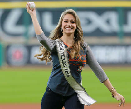 Miss Texas USA completely bombs first pitch attempt - Bob Levey/Getty Images