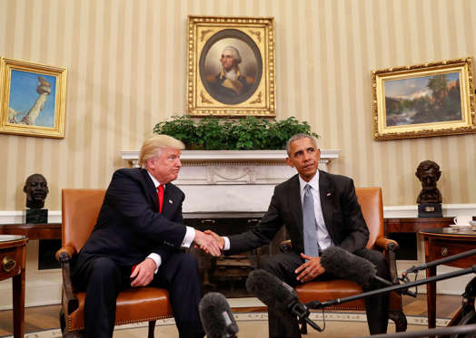 President Barack Obama and President-elect Donald Trump shake hands following their meeting in the Oval Office of the White House in Washington, Thursday, Nov. 10, 2016. (AP Photo/Pablo Martinez Monsivais)