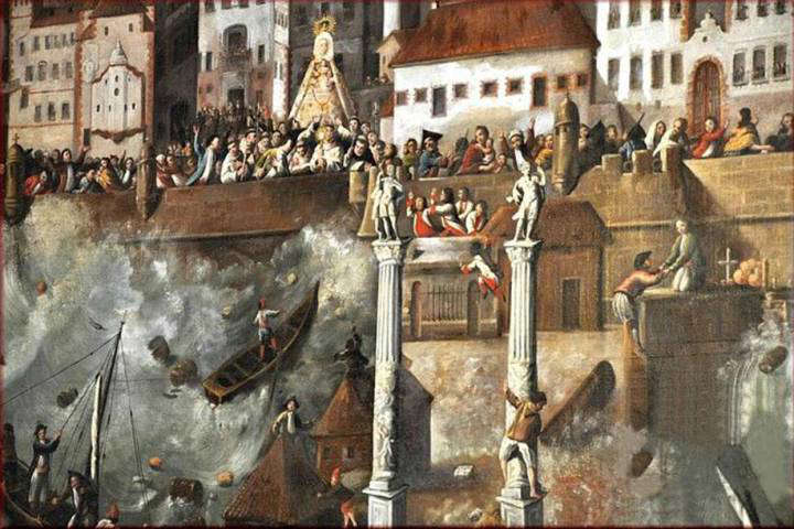 Pintura del Ayuntamiento de Cádiz que muestra los efectos del maremoto de 1755 desde el puerto.