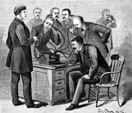 1877-Illustration of Thomas Edison presenting the first phonograph to the eager editors of "Scientific American."