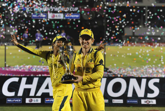 MUMBAI, INDIA - FEBRUARY 17:  Jodie Fields, captain of Australia, poses with the Womens World Cup trophy, as Austarlia wins the ICC Womens World Cup 2013 between Australia and West Indies held at the CCI (Cricket Club of India) stadium on February 17, 20